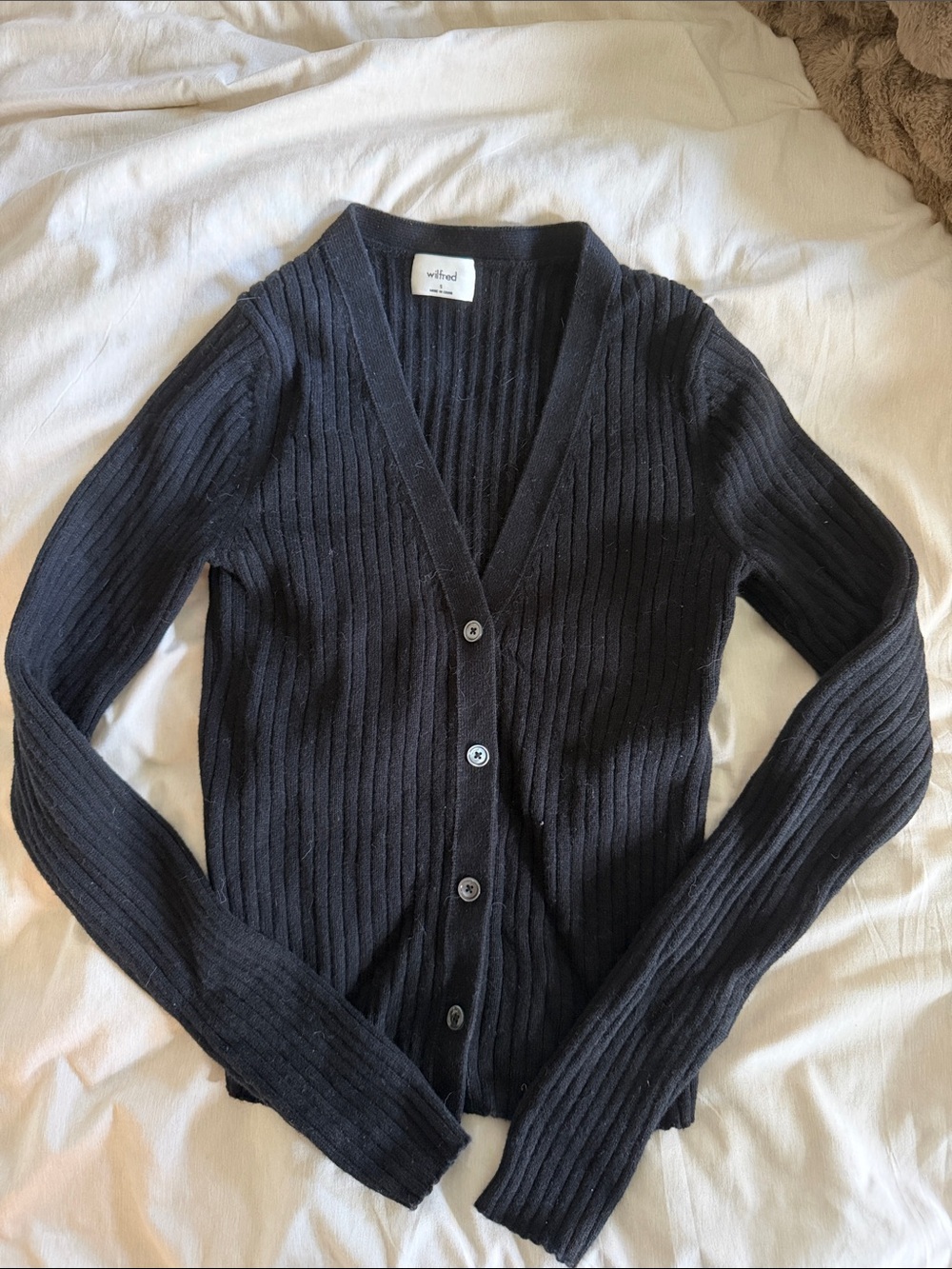 Aritzia Wilfred Black Ribbed Button-Front Cardigan